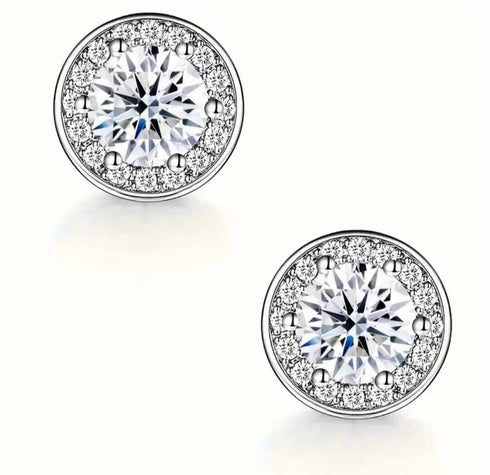 18k White Gold Plated Large CZ Center Stone Brilliant Cut Halo Stud Earrings